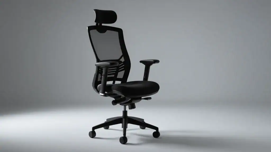 Modern black ergonomic office chair with mesh backrest and adjustable headrest.