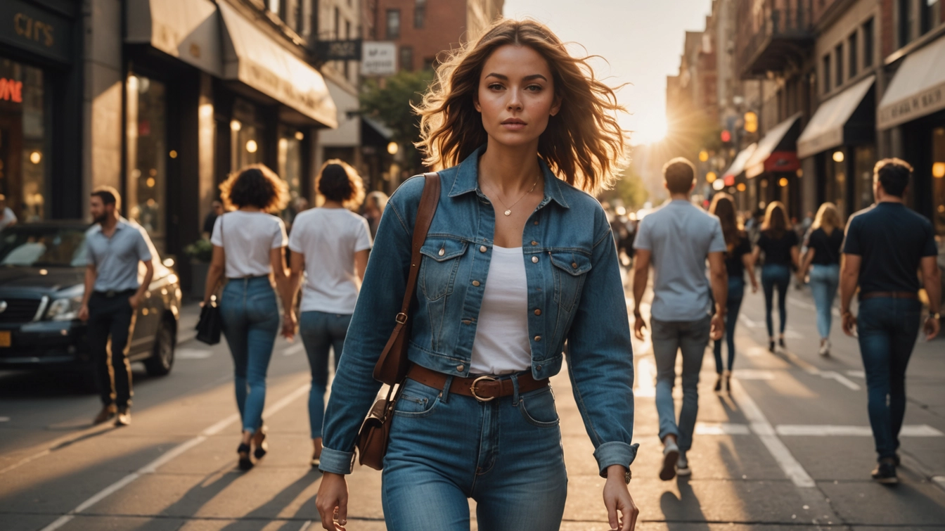Woman in high-waisted denim walking confidently